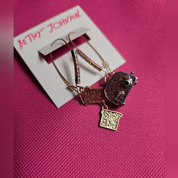 Betsey Johnson Gold-Tone Drop Earrings with Red & Pink Glitter Charms - Picture 8 of 14